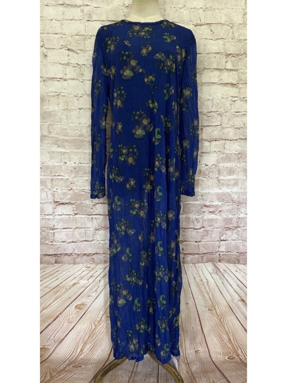 Topshop Sheer Crinkle Crew Neck Maxi Dress Blue Ditsy Floral Long Sleeve Sz 8/10
